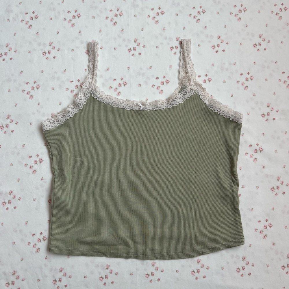 Hollister Sage Green Ribbed Camisole with Lace Trim